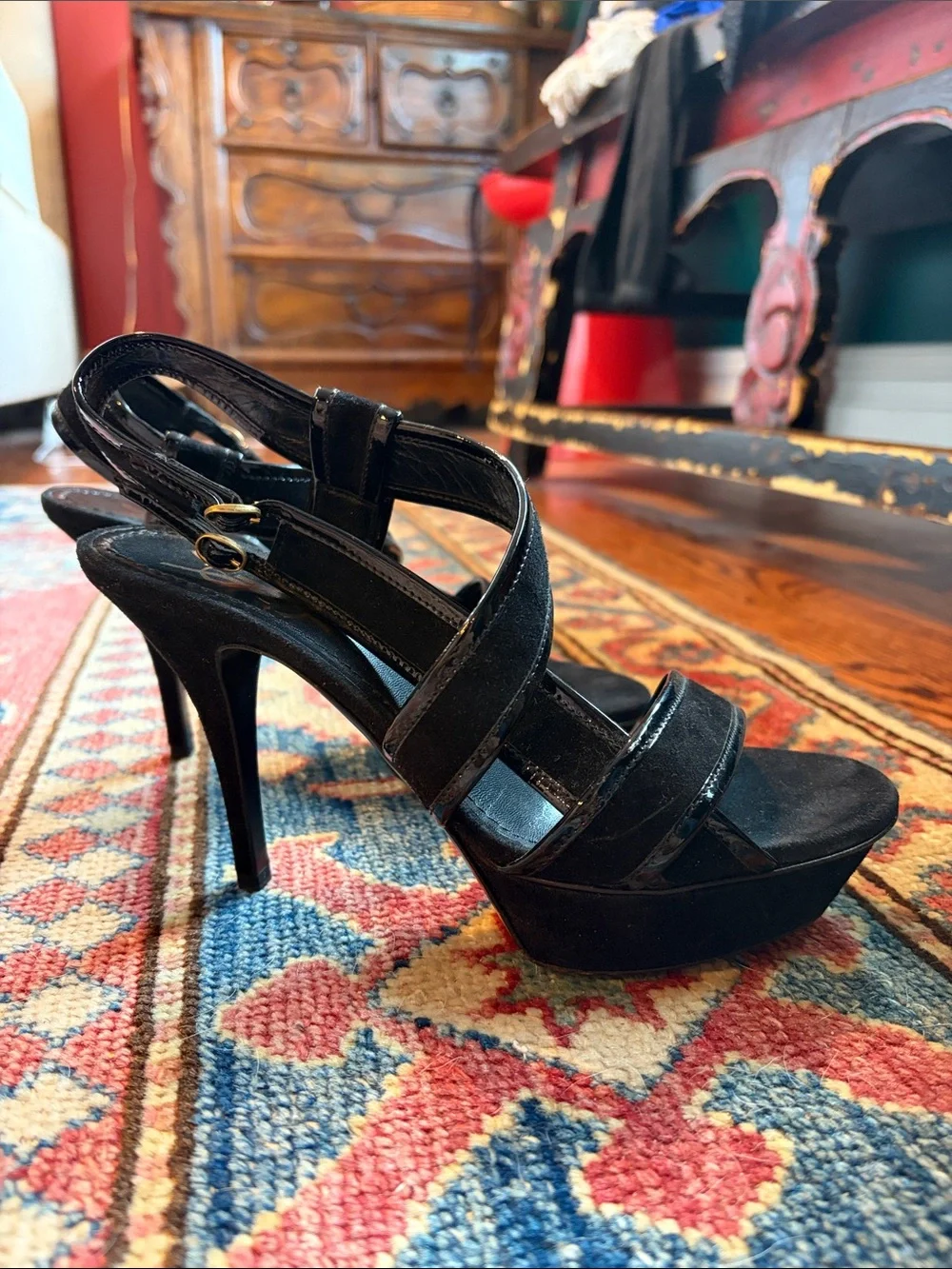 Saint Laurent Black Suede and patent leather accent Crisscross Strap Heels